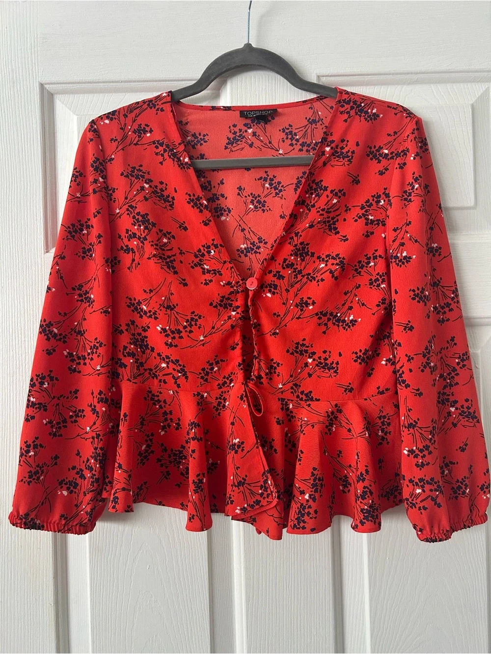 Topshop Red and Black Floral Tie-Front Peplum Blouse